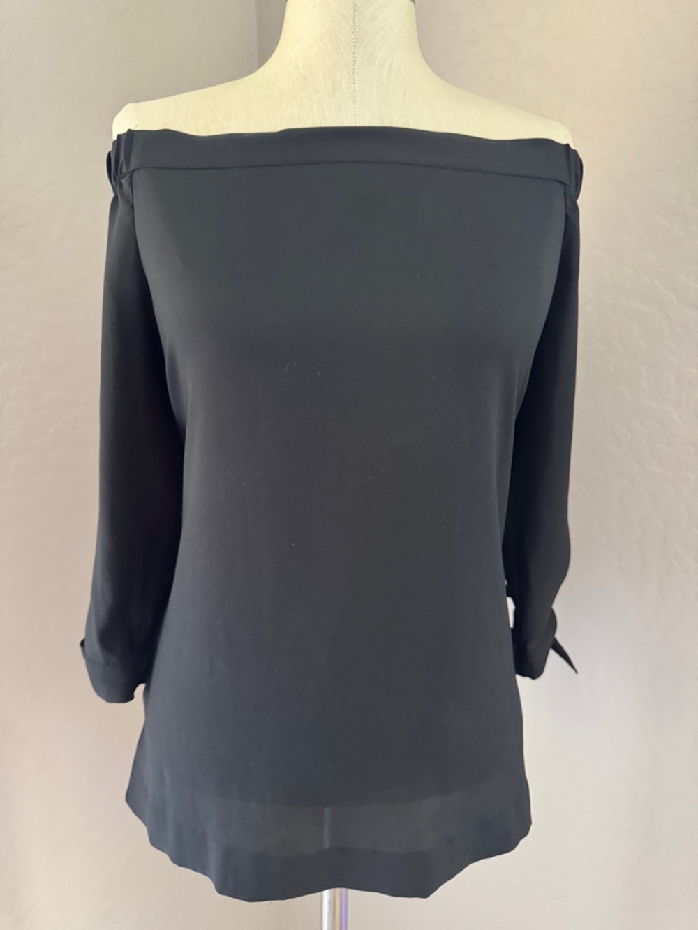 LOFT Black Off-Shoulder satin Blouse Sz M 3/4 Sleeve
